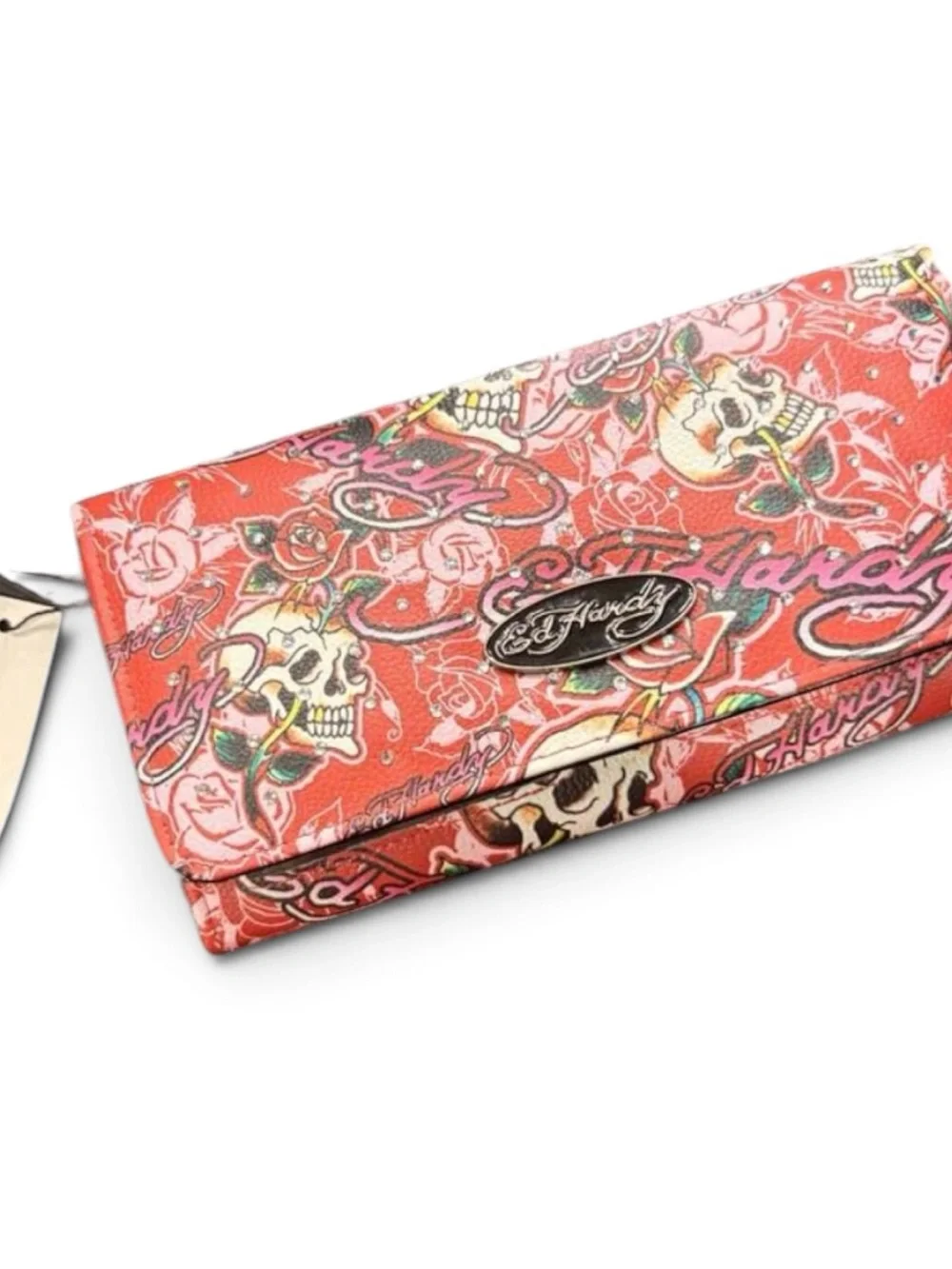 Ed Hardy skull & rose print rhinestone, embellished, trifold wallet NWT